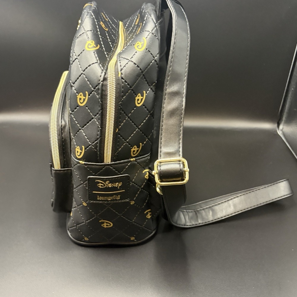 Disney Loungefly Mickey Mouse Mini Backpack Black Gold Quilted Faux Leather - Picture 6 of 16